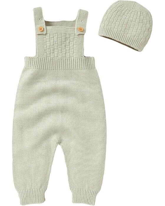 Sage Knit Overalls + Beanie — Baby Boys fall family photo outfit idea