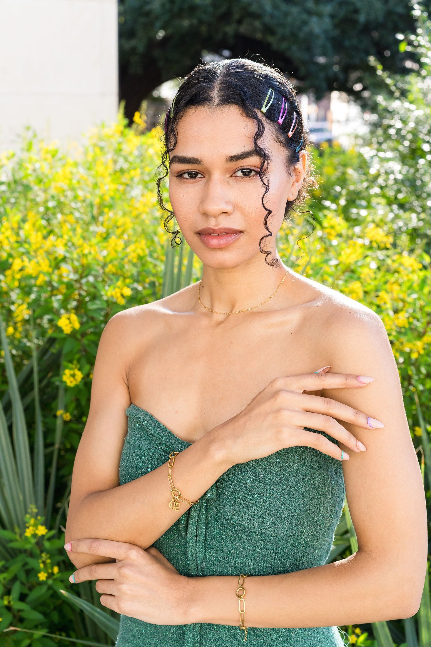 Charm Theory model in green dress portrait