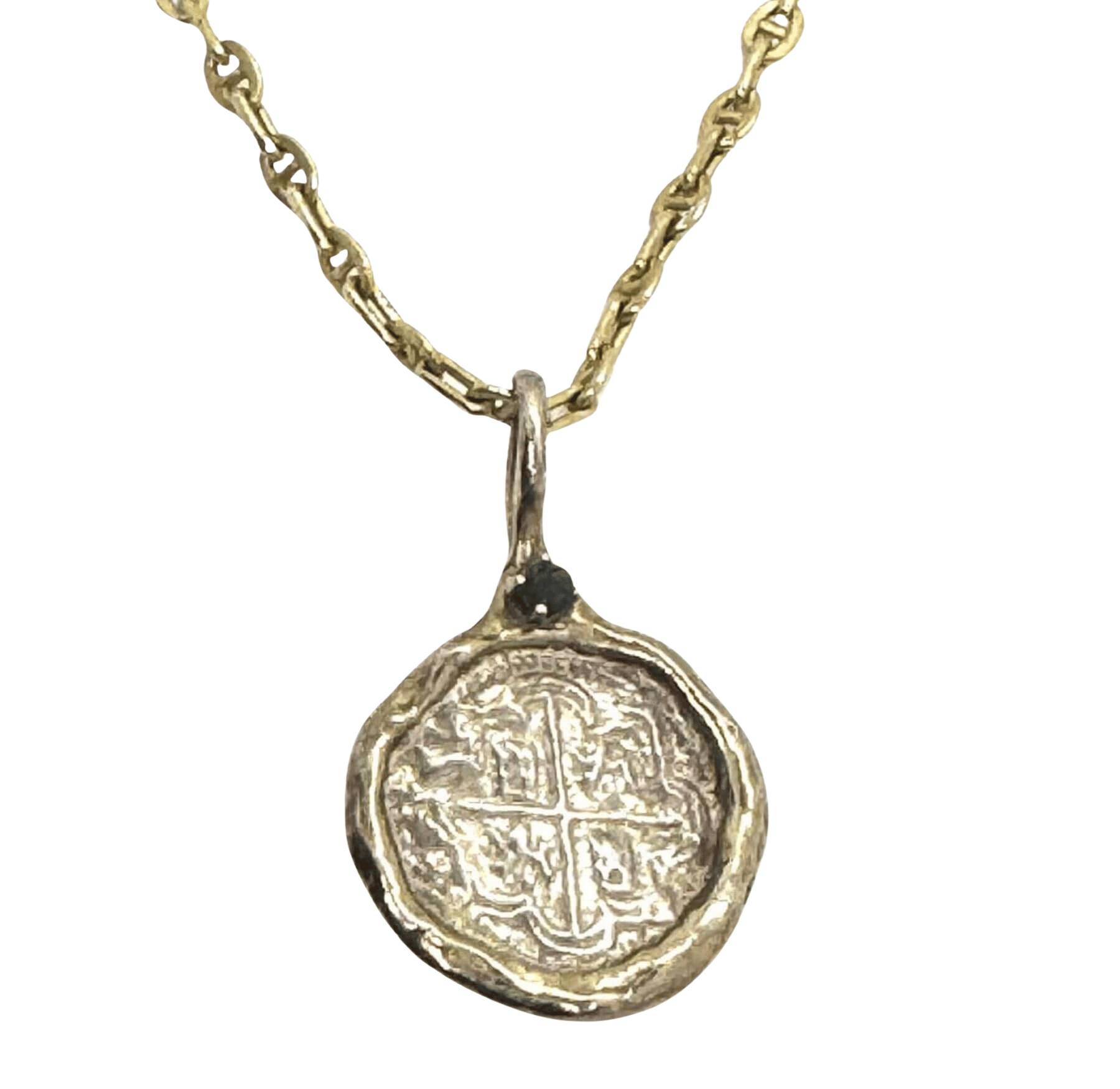 14k Yellow Gold Anchor Chain with Silver Coin Pendant