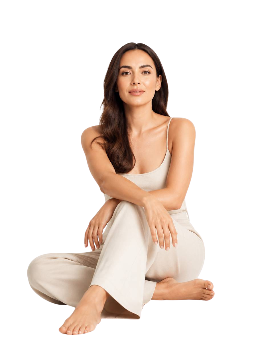 Woman with smooth, healthy skin seated calmly
