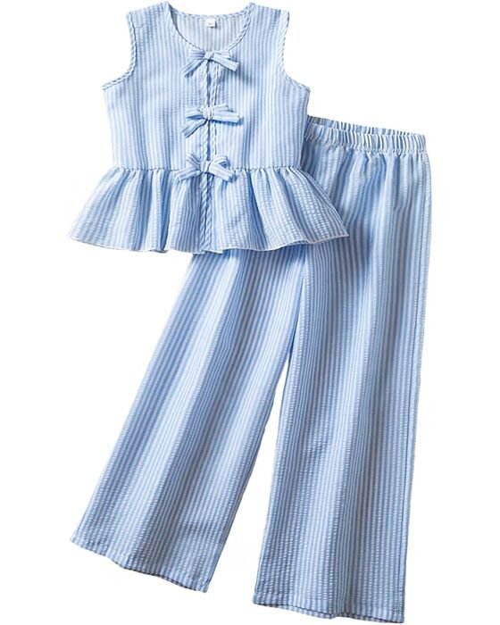 Blue Striped Bow Top + Pant Set — Young Girls fall family photo outfit idea