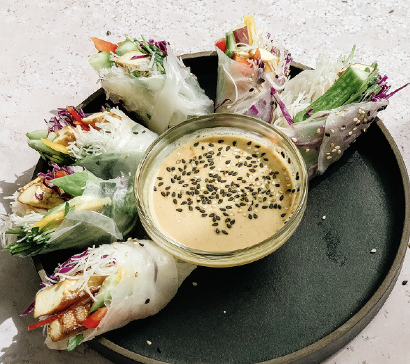 rainbow rolls, veggies wrapped in rice paper
