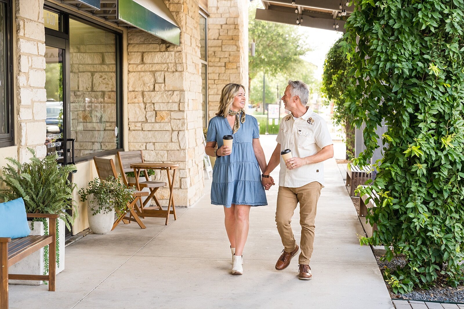 Couple walking together at Hill Country Galleria in Austin