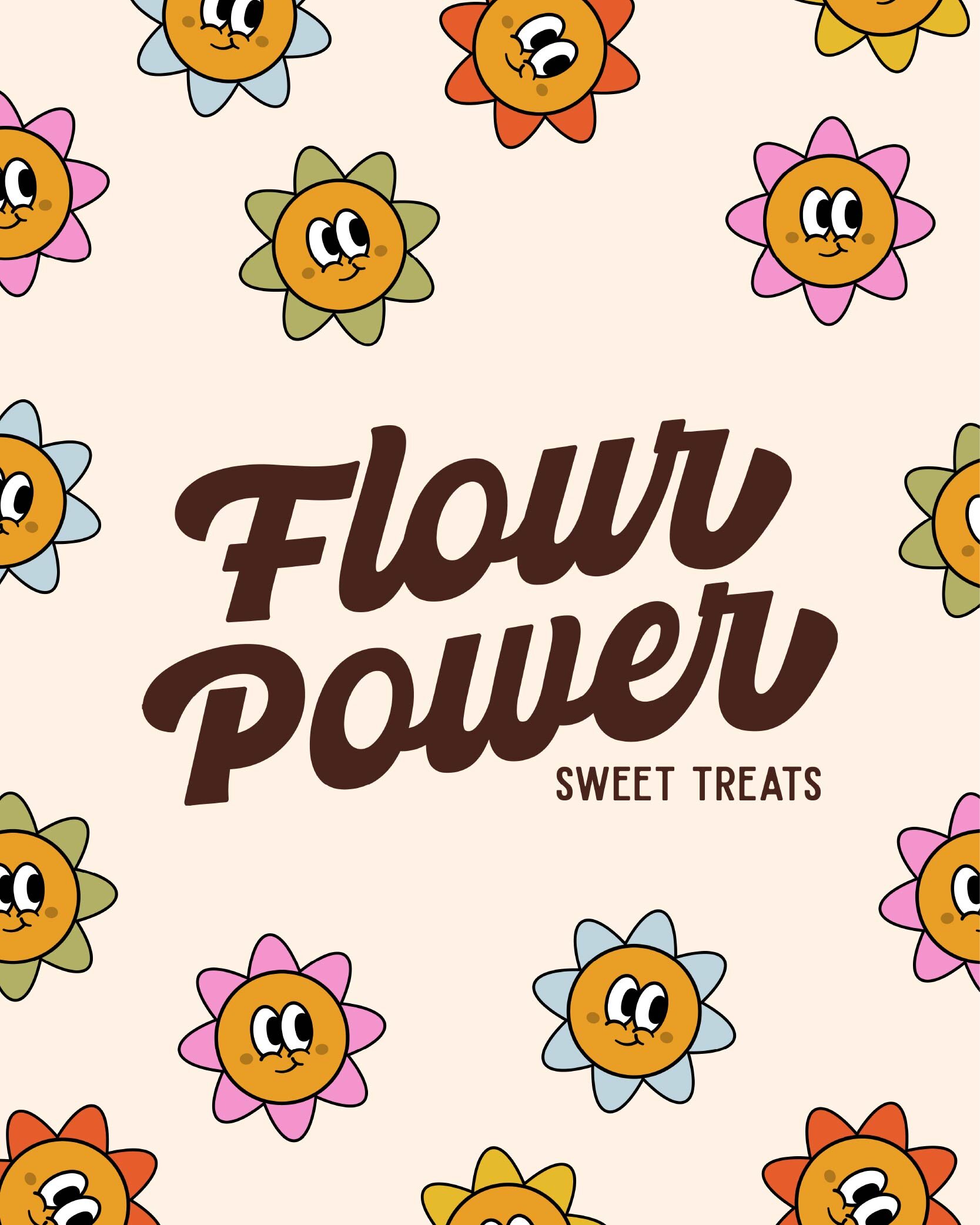 Flour Power bakery retro brand identity and mascot characters