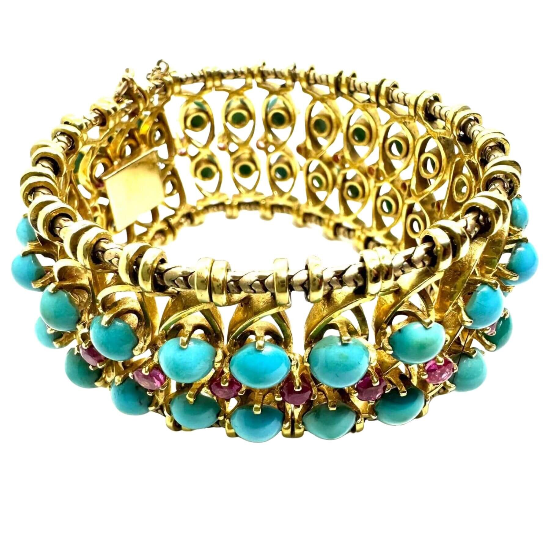 Handcrafted c. 1950’s 18k Yellow Gold Turquoise and Ruby Bracelet