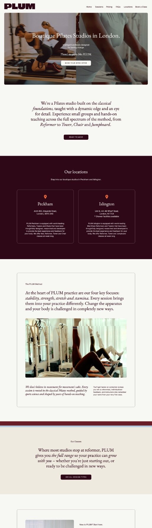 Bold, colourful website design by Rove for pilates studio Plum Pilates, with spacious design, deep warm colours and energising photography