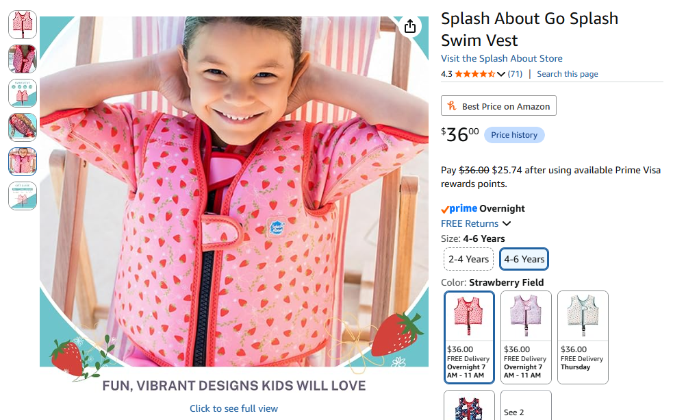 Splash About Strawberry Field swim vest product listing on Amazon