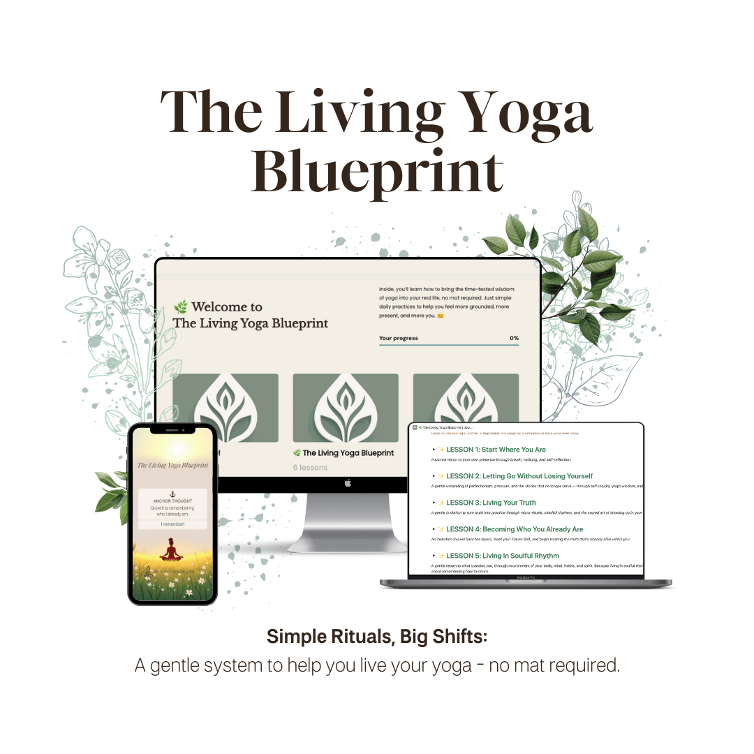 The Living Yoga Blueprint audio lessons and Notion journal on a phone and laptop
