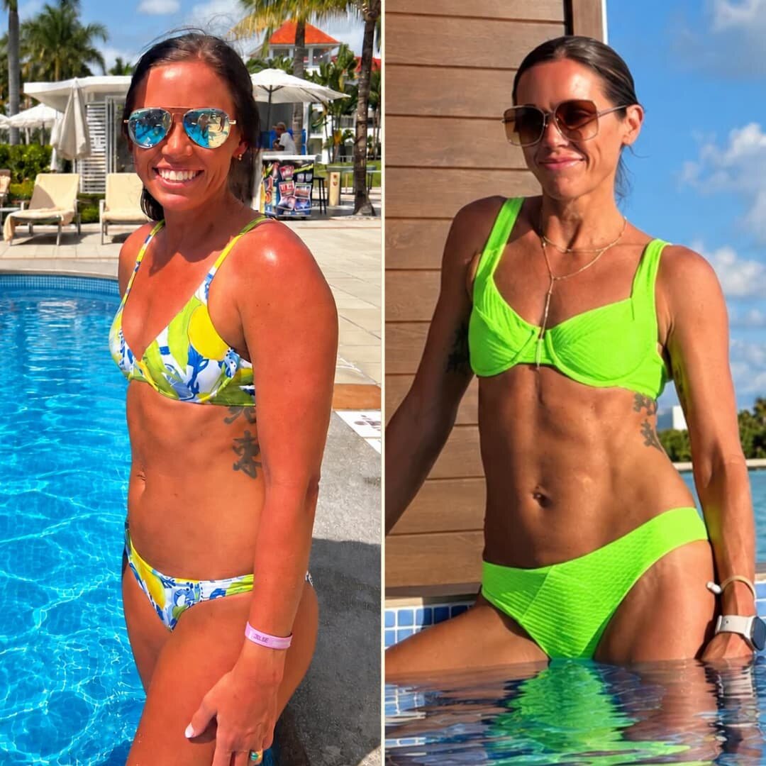 Kenzie Mosher then and now, side by side at the pool