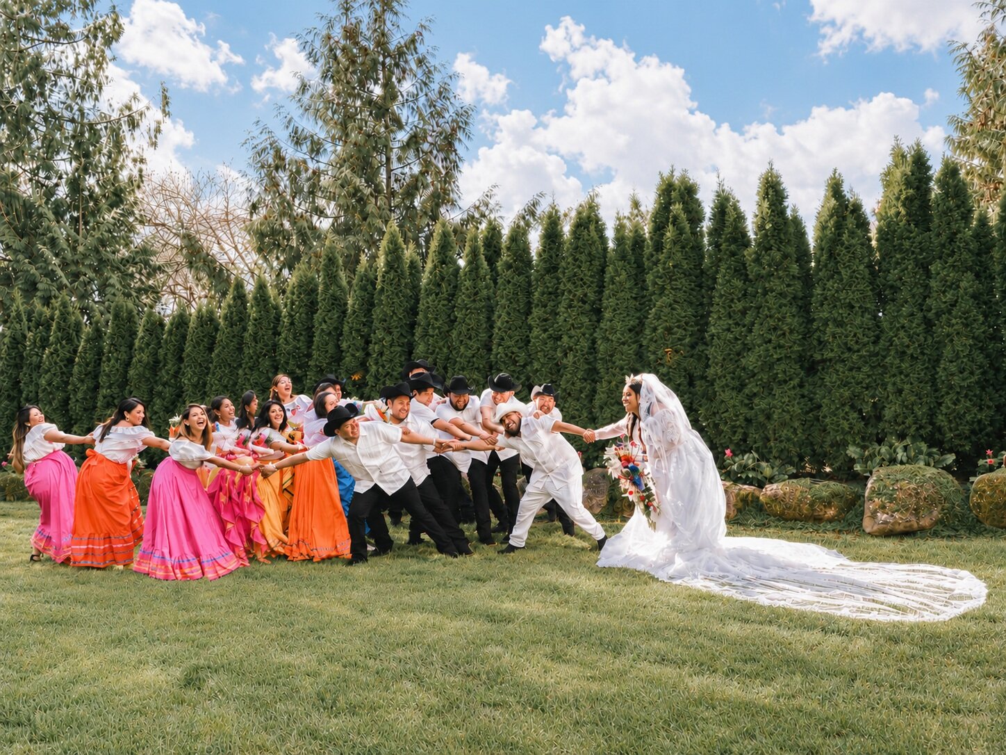 Playful wedding party at South Coast Botanic Garden