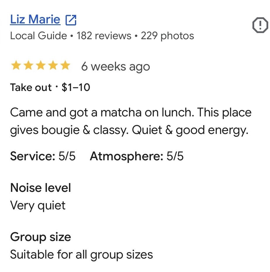 Five-star Google review of VIVRE in Wichita describing a bougie, classy and quiet cafe with a great matcha