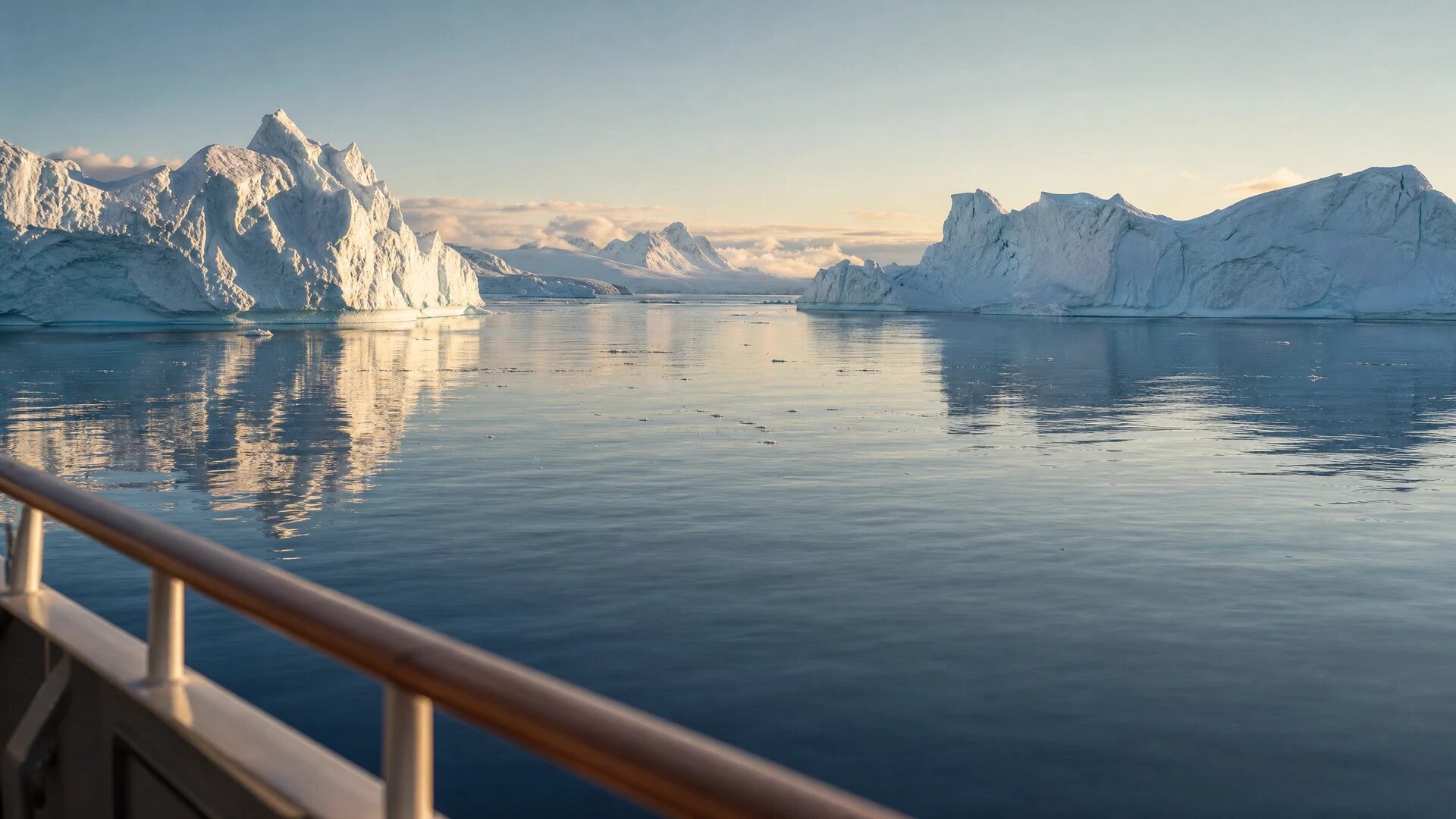 Golden-hour view of icebergs from an expedition ship deck railing