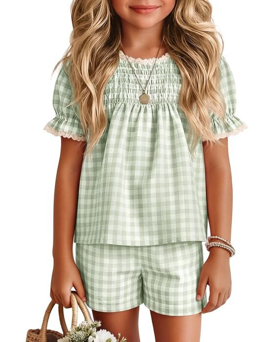 Sage Gingham Top + Short Set — Young Girls fall family photo outfit idea