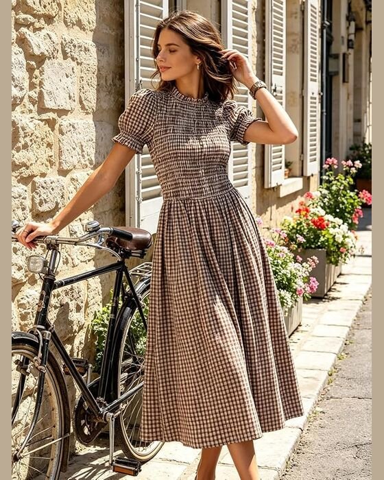 Brown Gingham Puff-Sleeve Midi — Moms fall family photo outfit idea