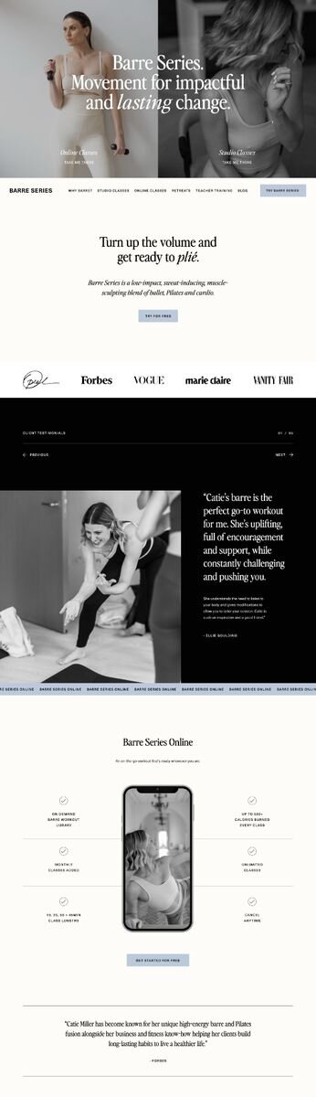 Chic monochrome website design by Rove for barre studio Barre Series with editorial black and white photography