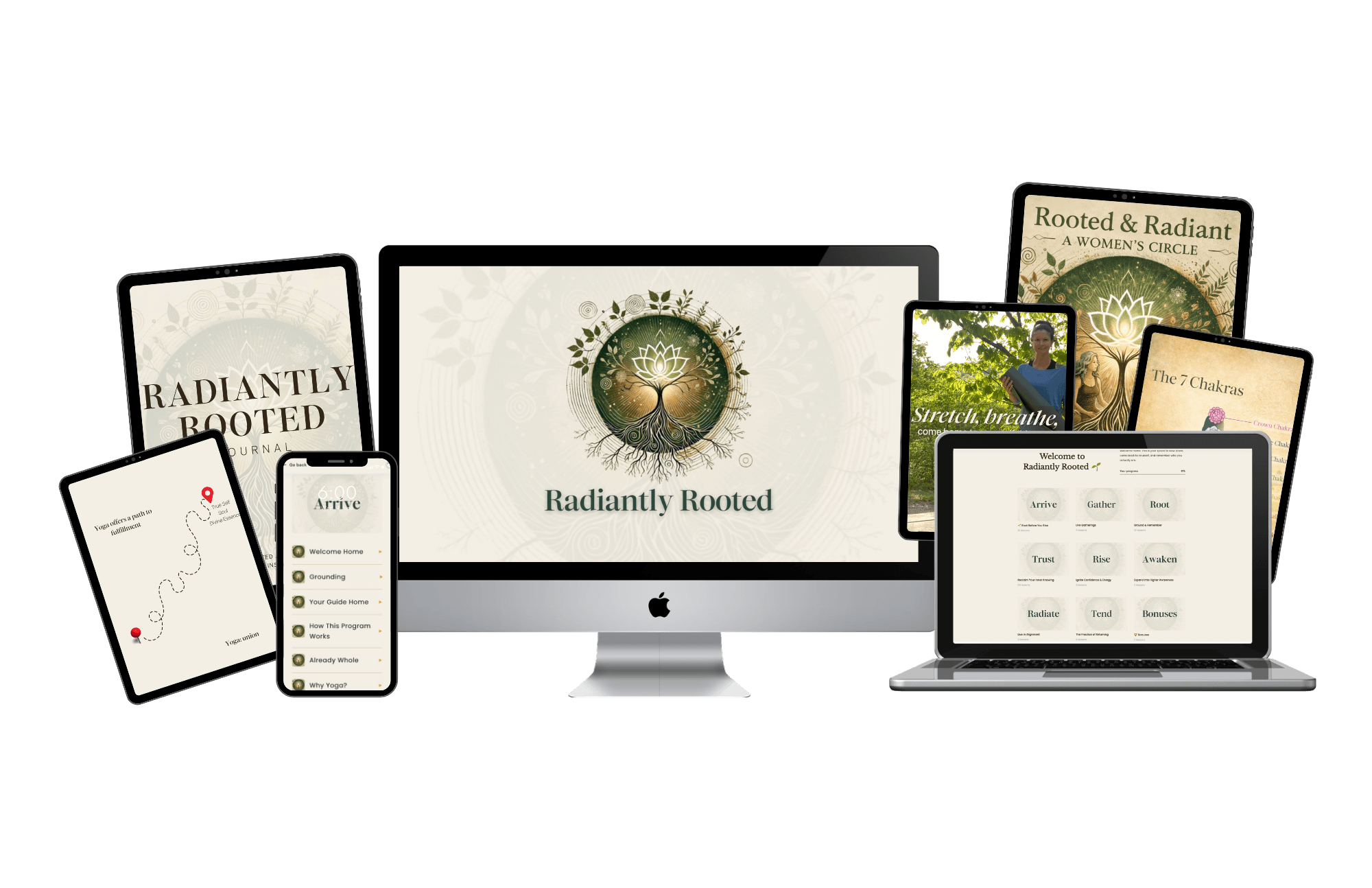 Radiantly Rooted course shown on a laptop, tablet, and phone