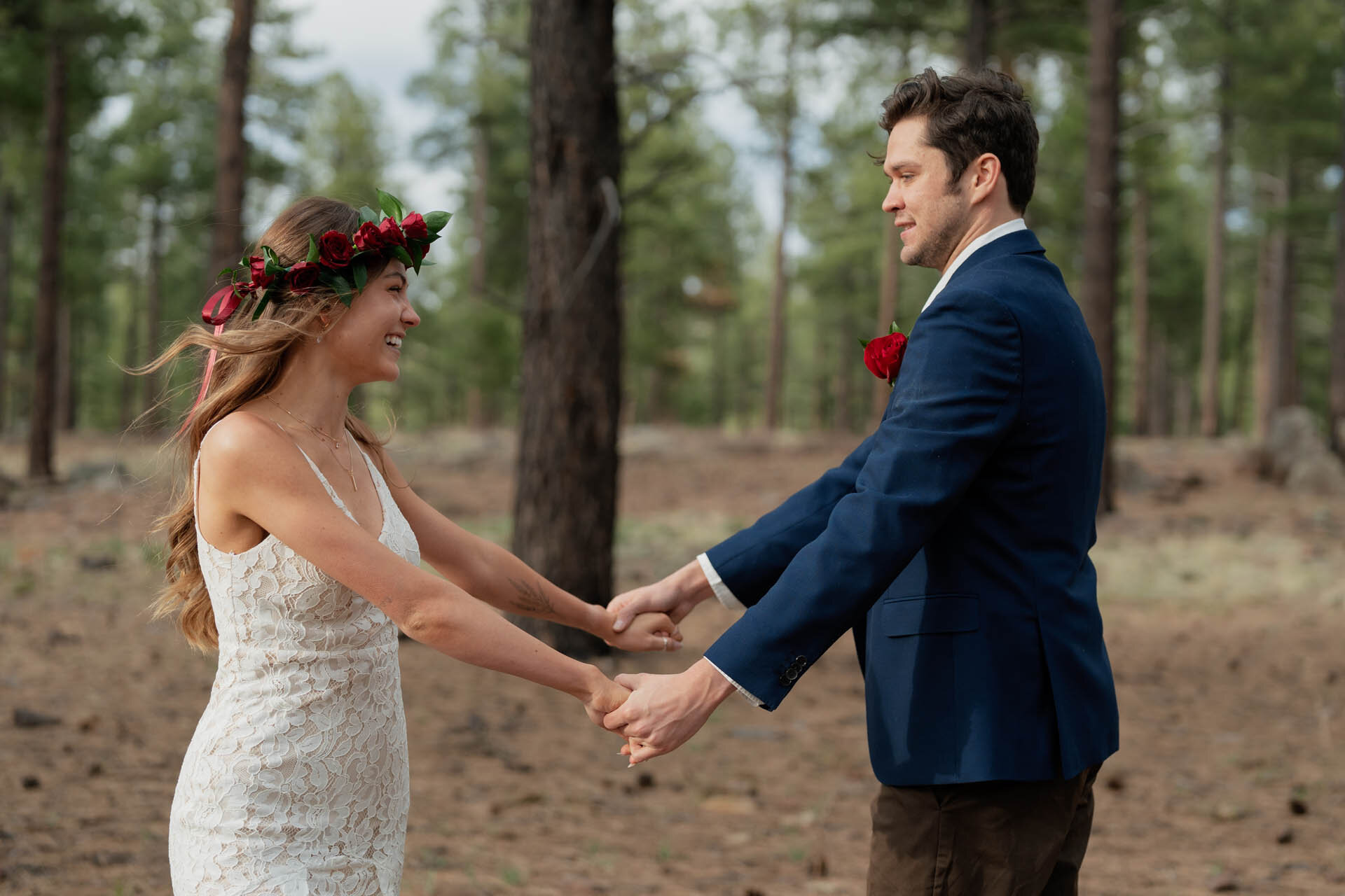 Couple eloping in a pine forest near Flagstaff, Arizona