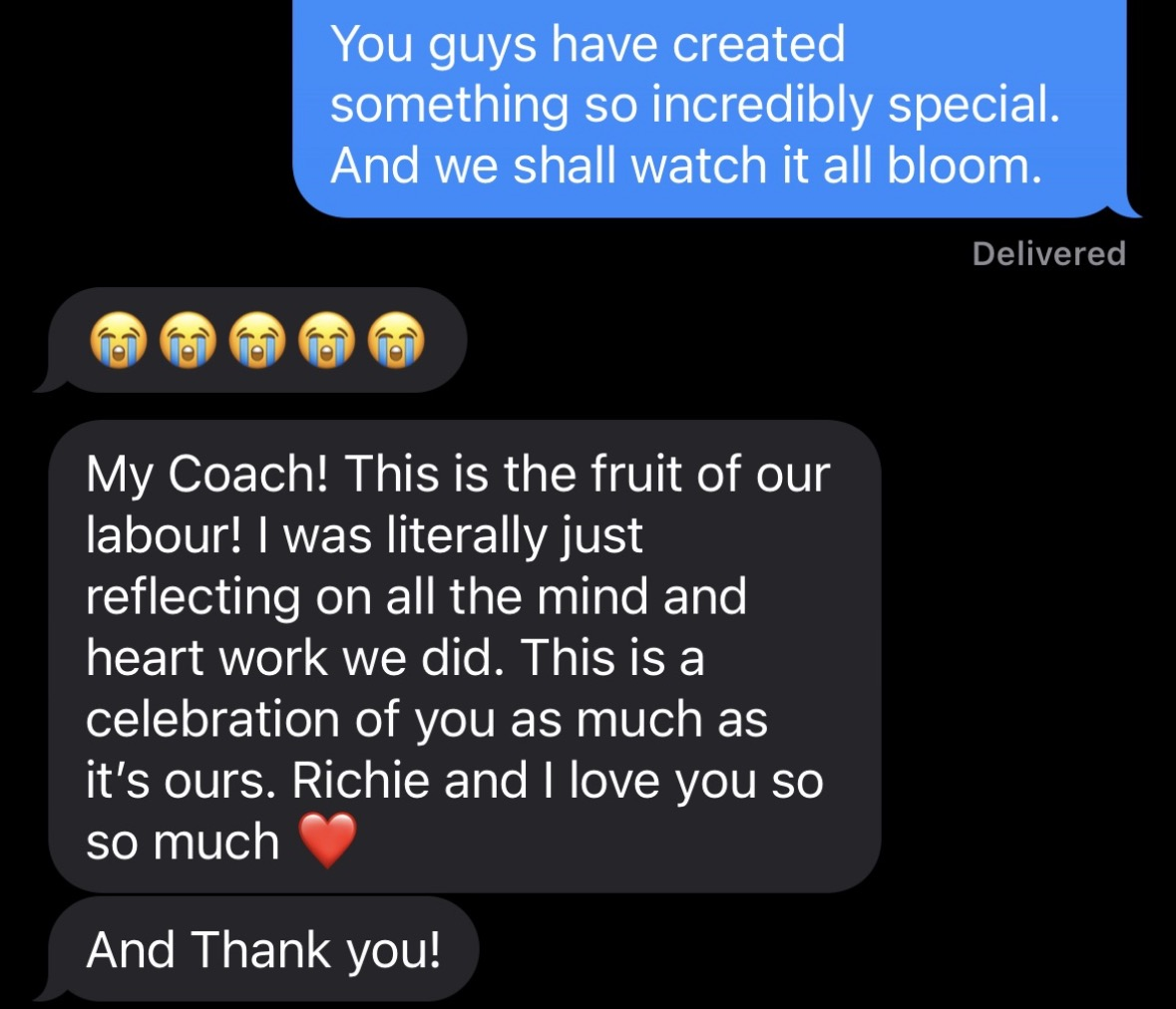 Client text message sharing her engagement news