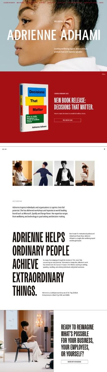 Bold editorial website design by Rove for wellbeing expert, author and keynote speaker Adrienne Adhami