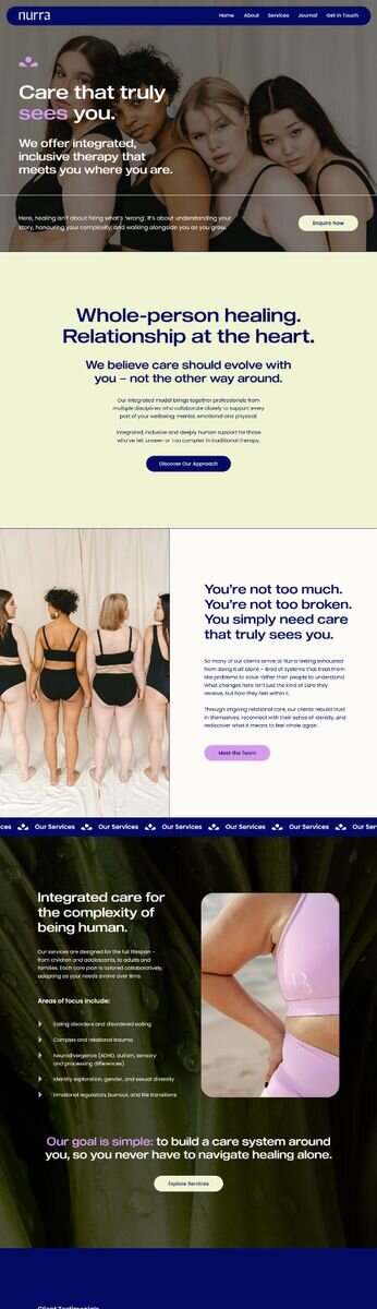 Bold, inclusive website design by Rove for Nurra, an integrated therapy practice, in navy, lime and lilac