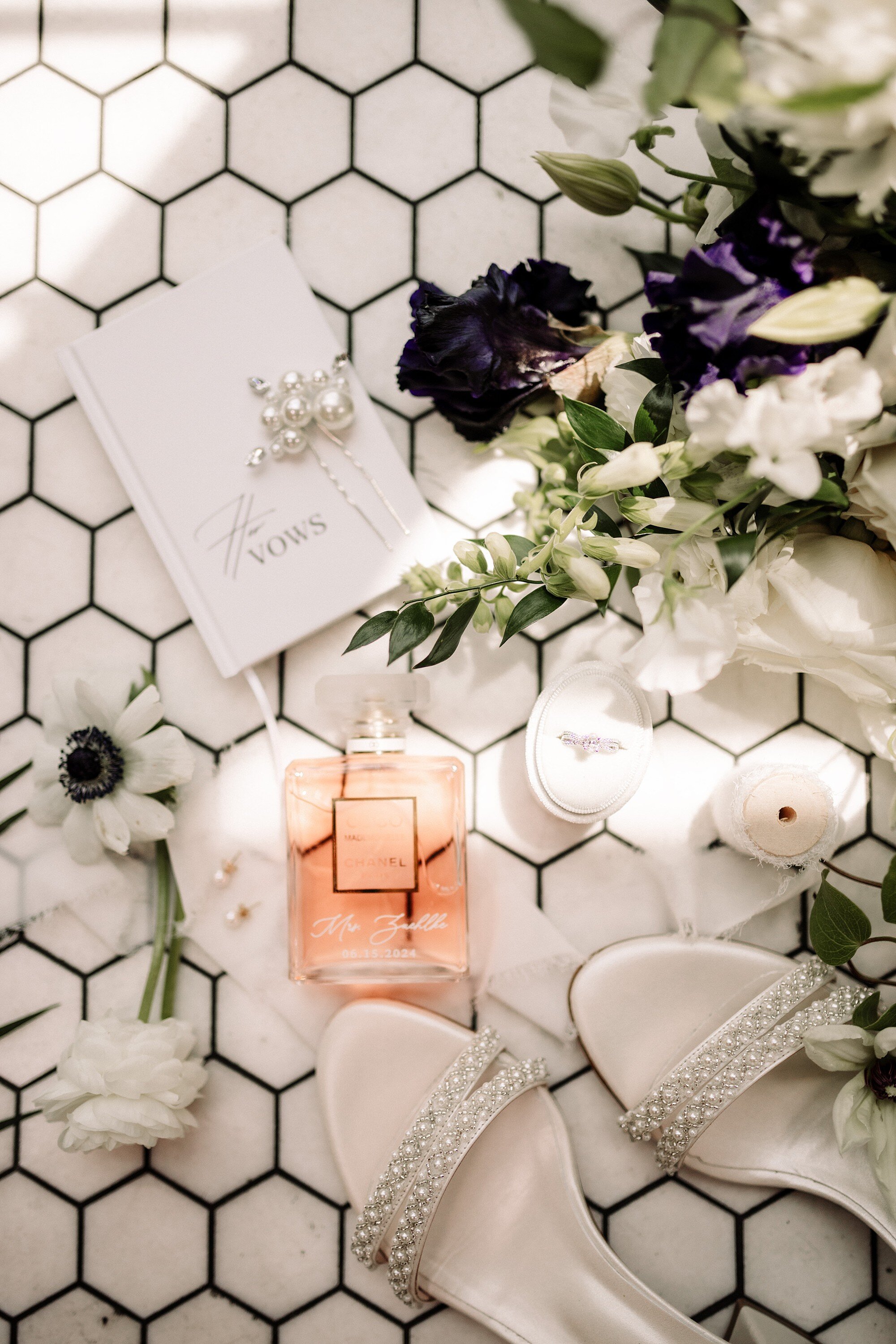 Wedding invitation suite styled with flowers