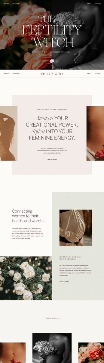Romantic, feminine website design by Rove for fertility coach The Fertility Witch with dark florals and delicate serif type