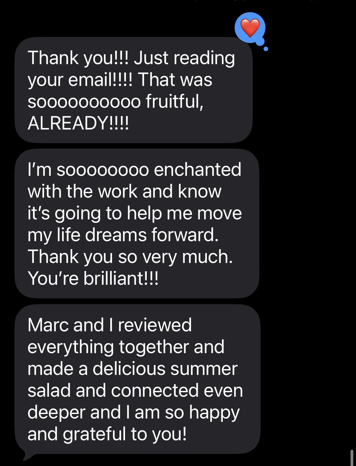 Text message from a client about her new relationship