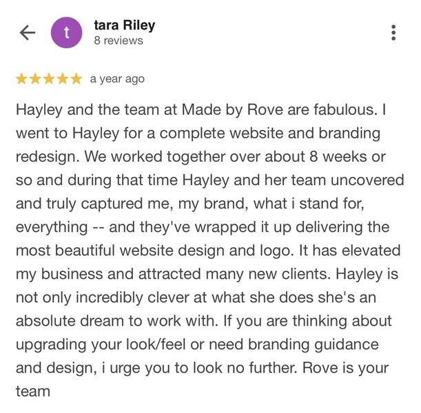 Five-star Google review from Tara Riley: her Made by Rove website and branding redesign elevated her business and attracted many new clients