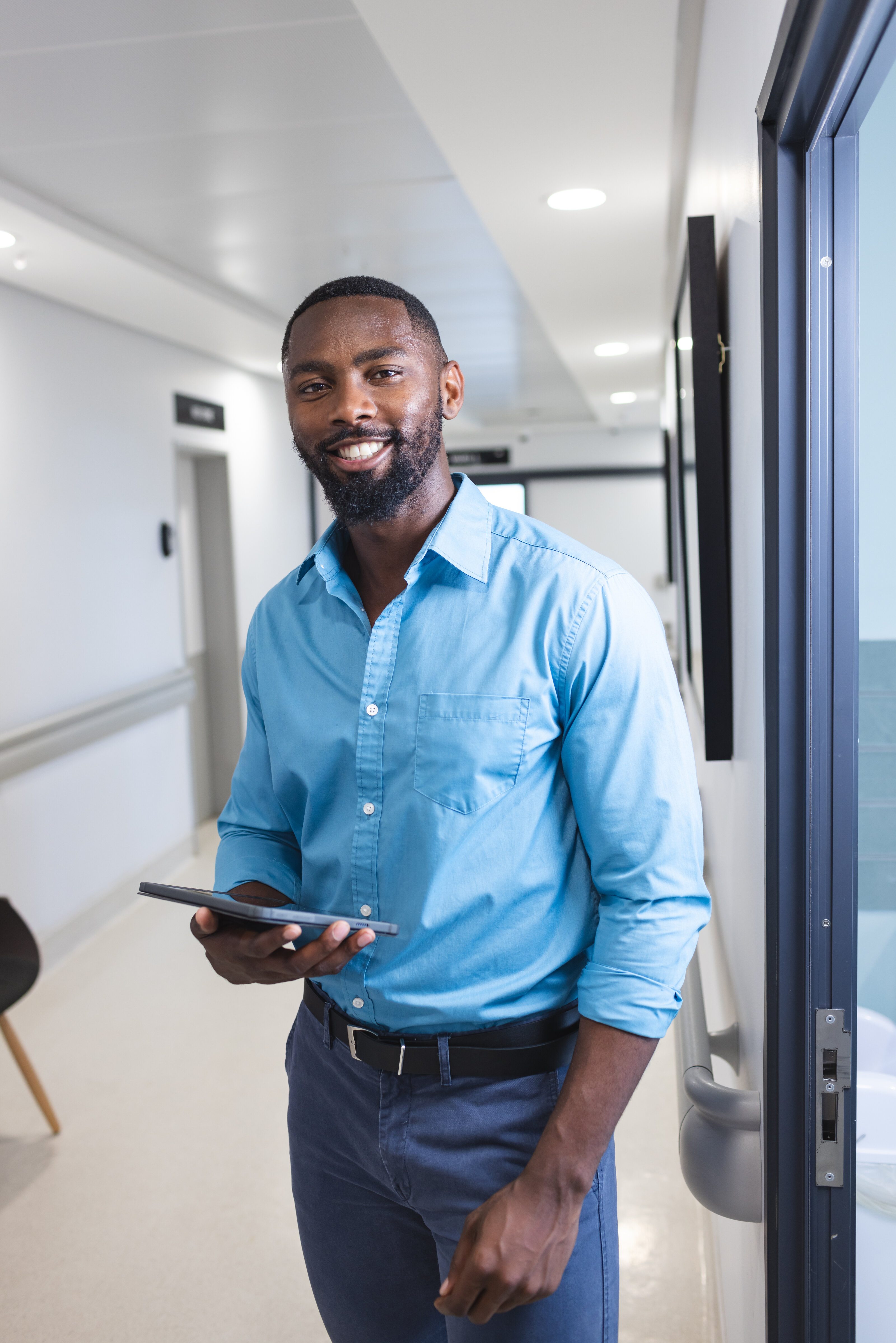 Business owner reviewing his Wyoming company structure on a tablet