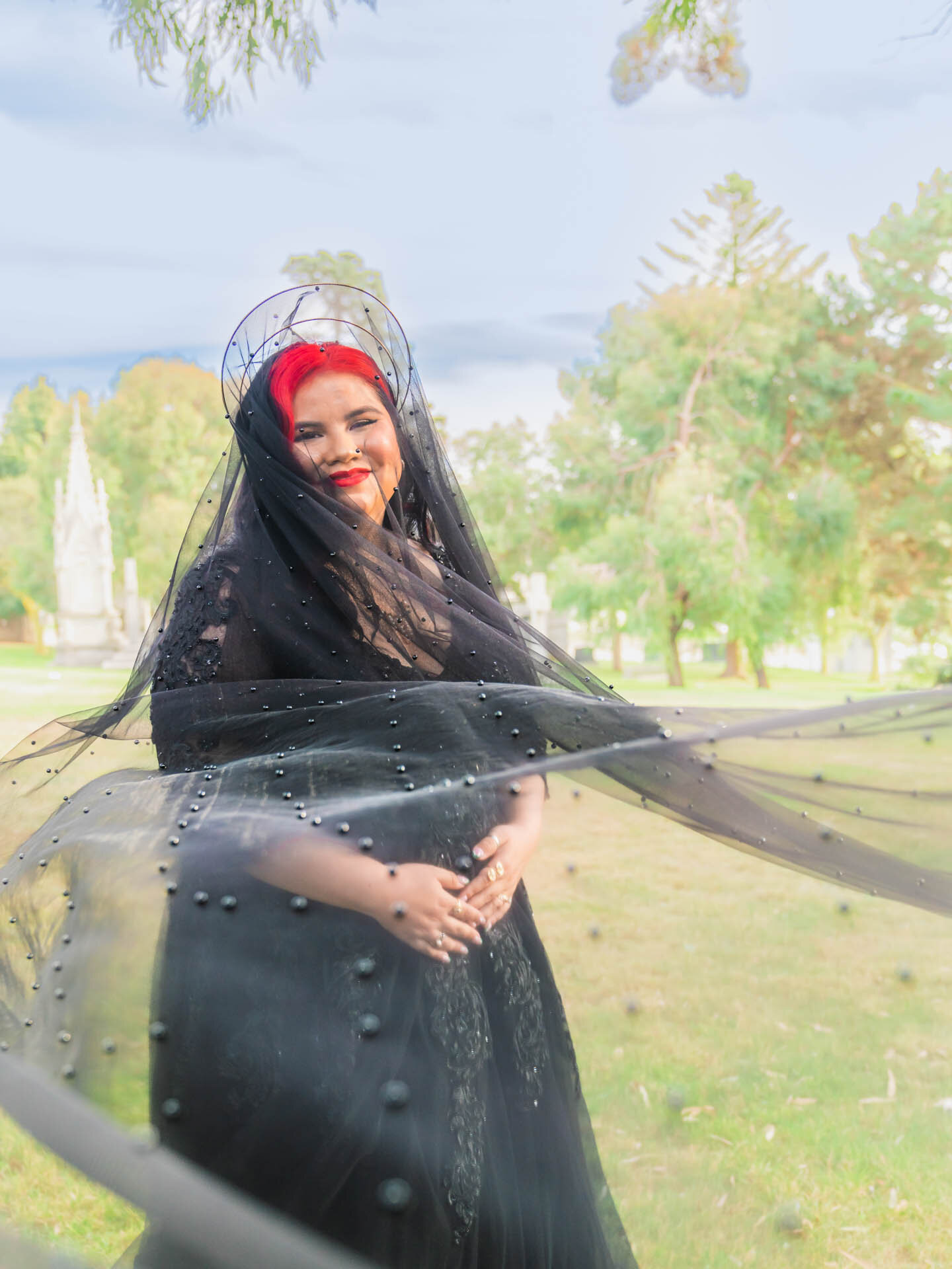Nontraditional cemetery wedding portrait