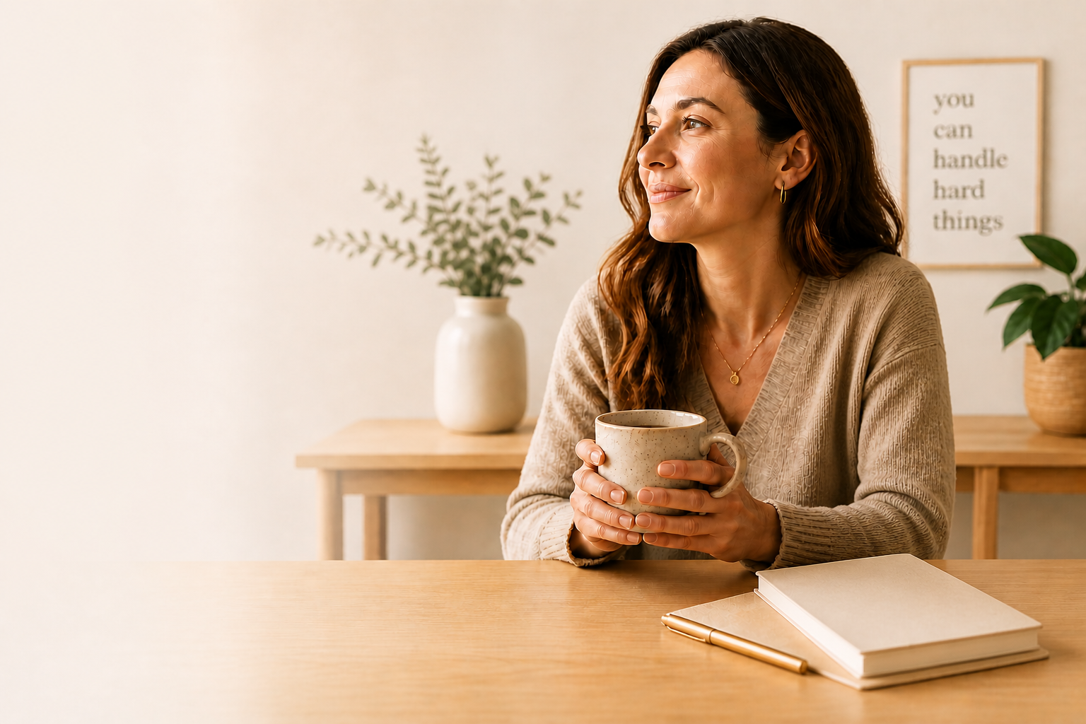 Woman sitting calmly with a coffee mug