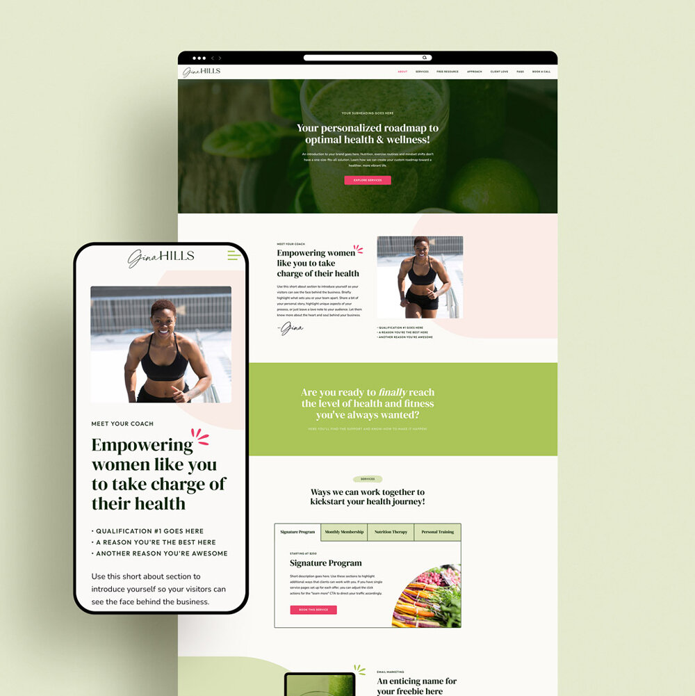 One page Showit website template for coaches