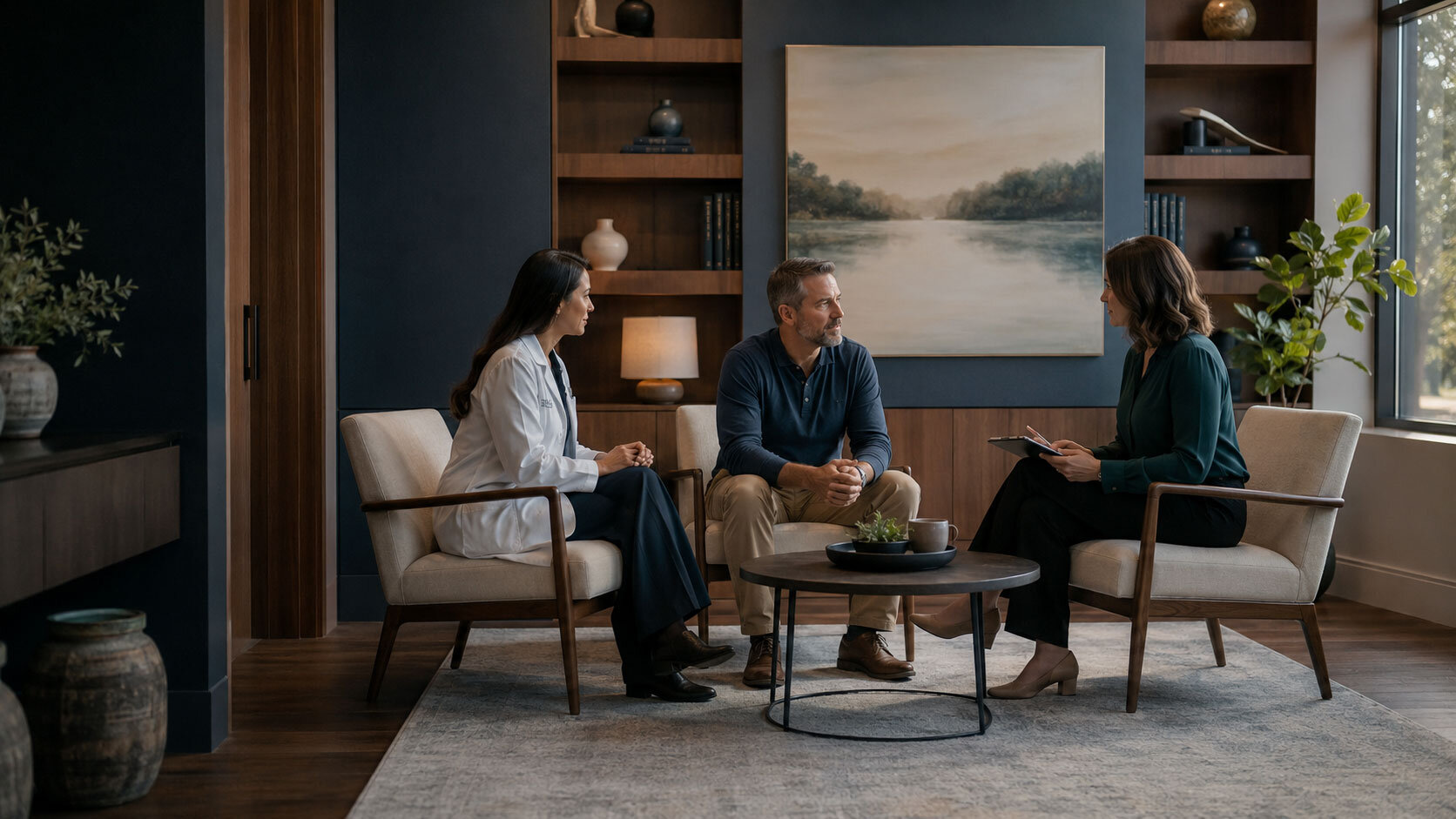 Male patient meeting with a female physician and female behavioral health clinician in one coordinated consultation
