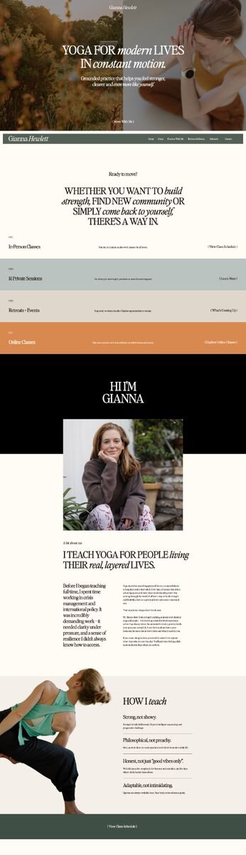 Grounded, editorial website design by Rove for London yoga teacher Gianna Hewlett in earthy greens and warm neutrals