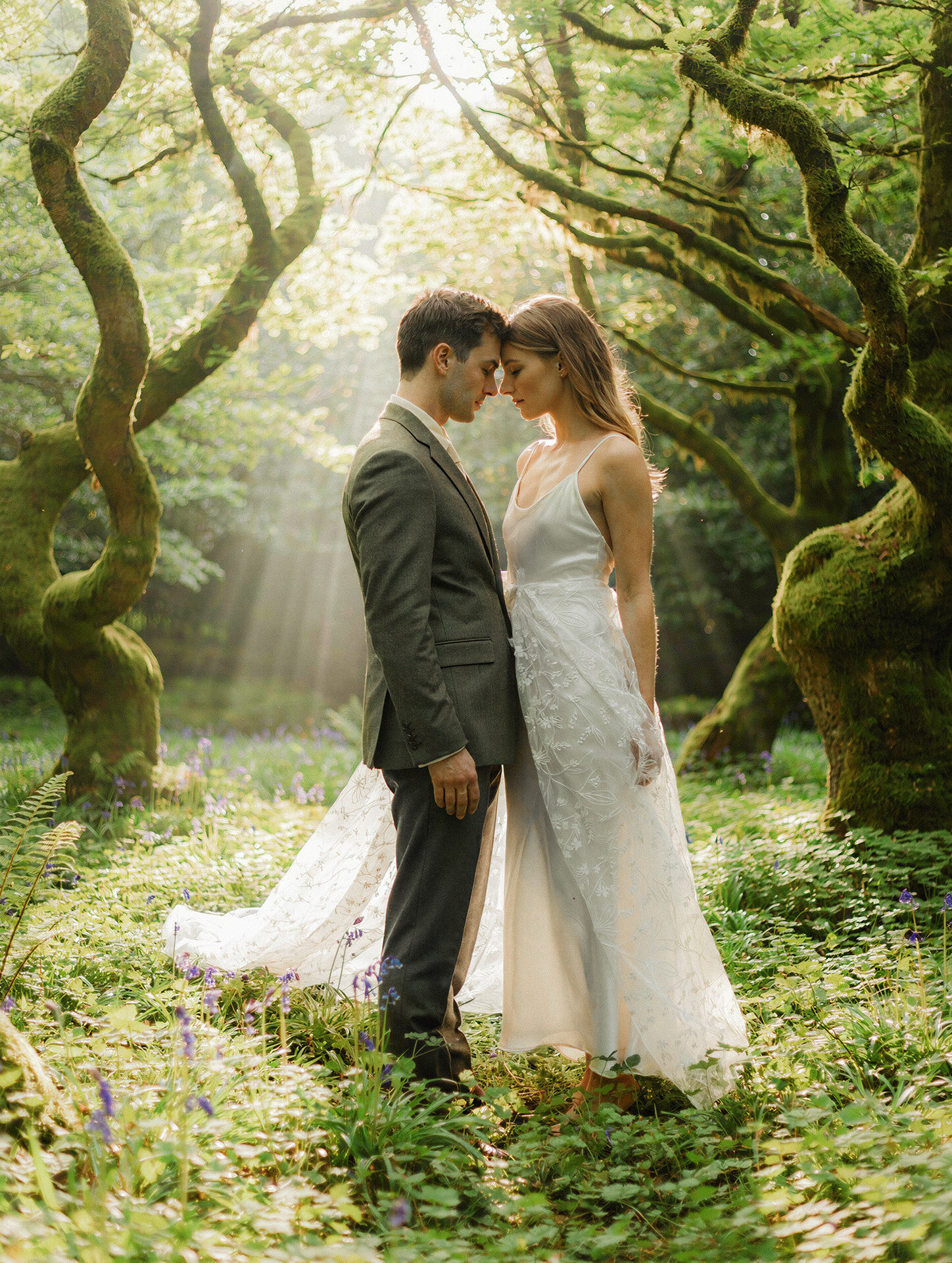 Bride and groom portrait in an ancient Irish forest photographed by an Ireland destination wedding photographer
