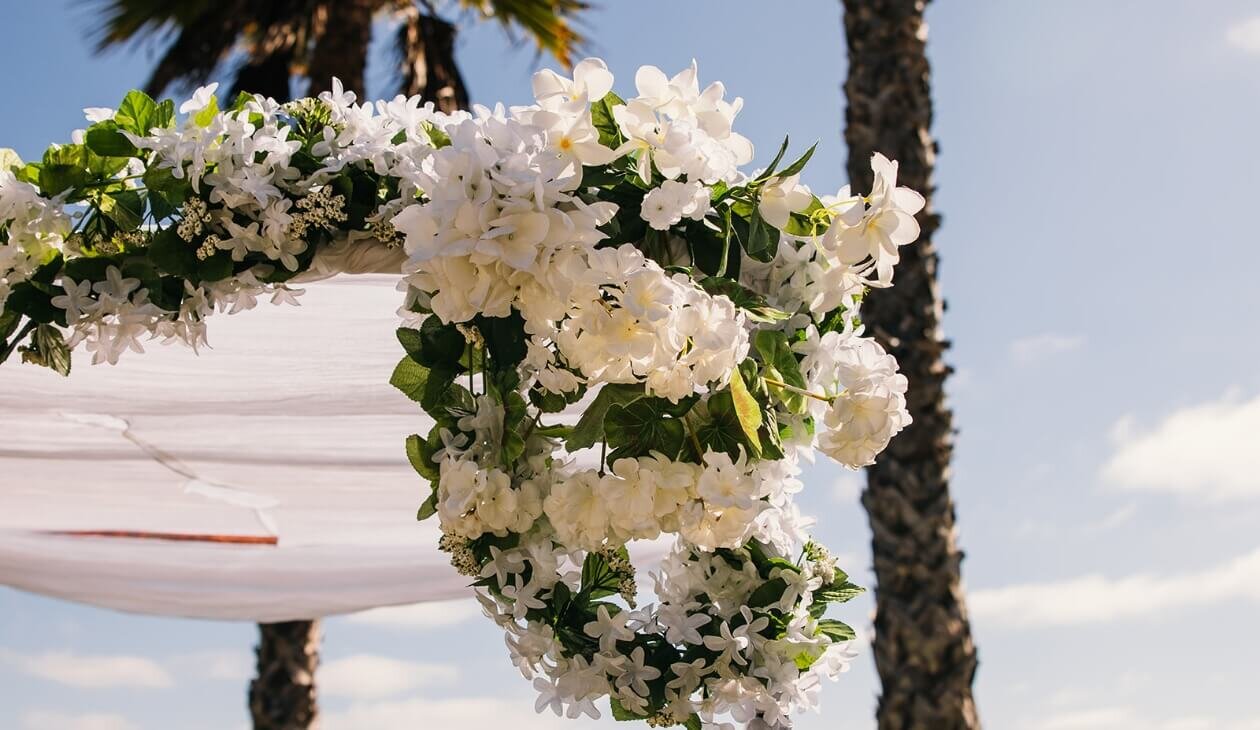 White floral ceremony arch beneath palm trees in Southern California