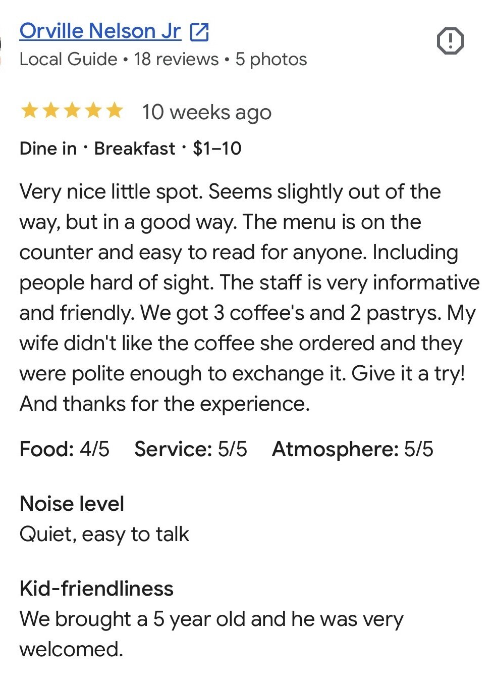 Five-star Google review of VIVRE in west Wichita highlighting friendly staff, an easy-to-read menu and a kid-friendly welcome