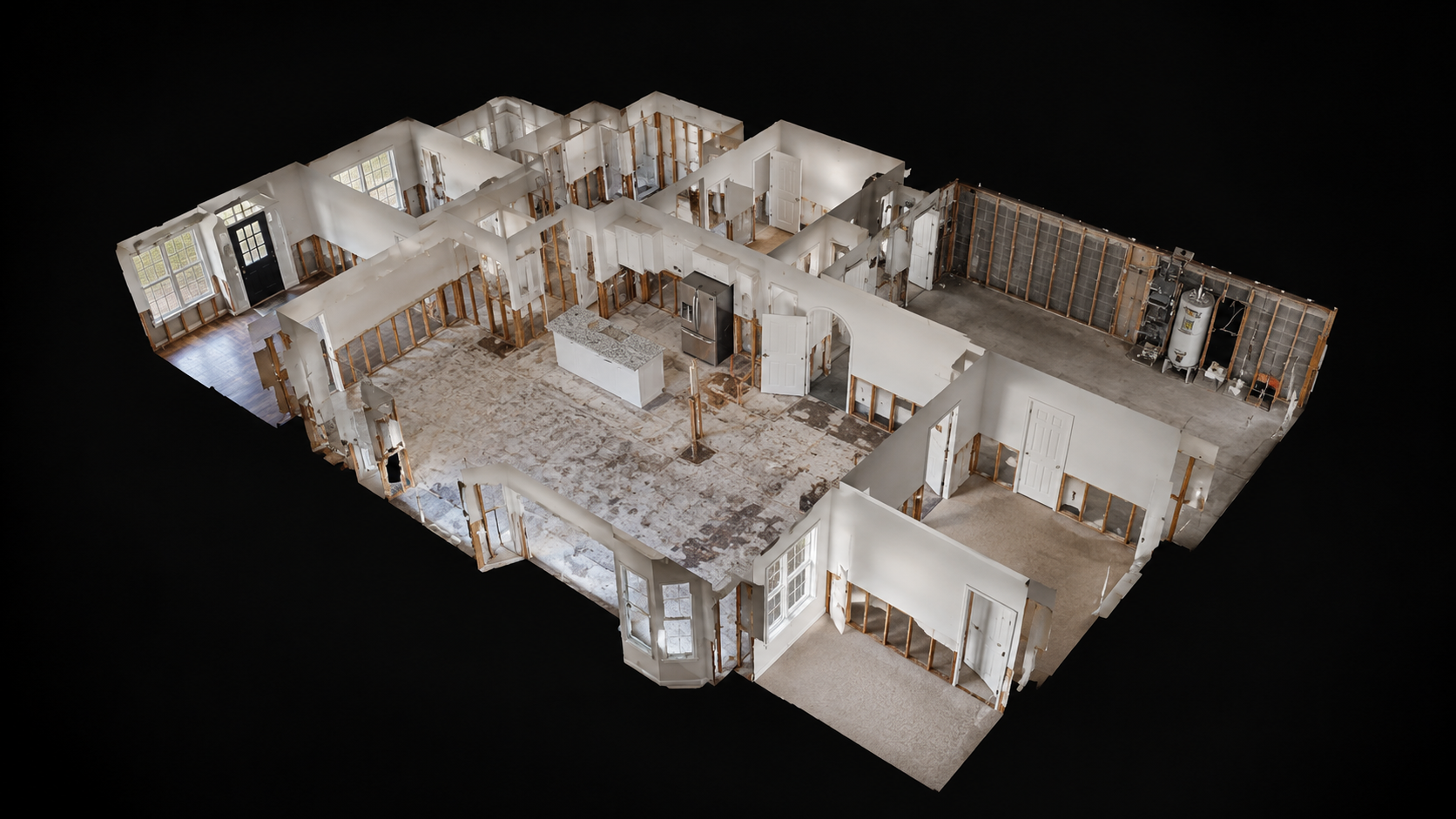 Xactimate floor plan and dollhouse view from a Matterport insurance scan