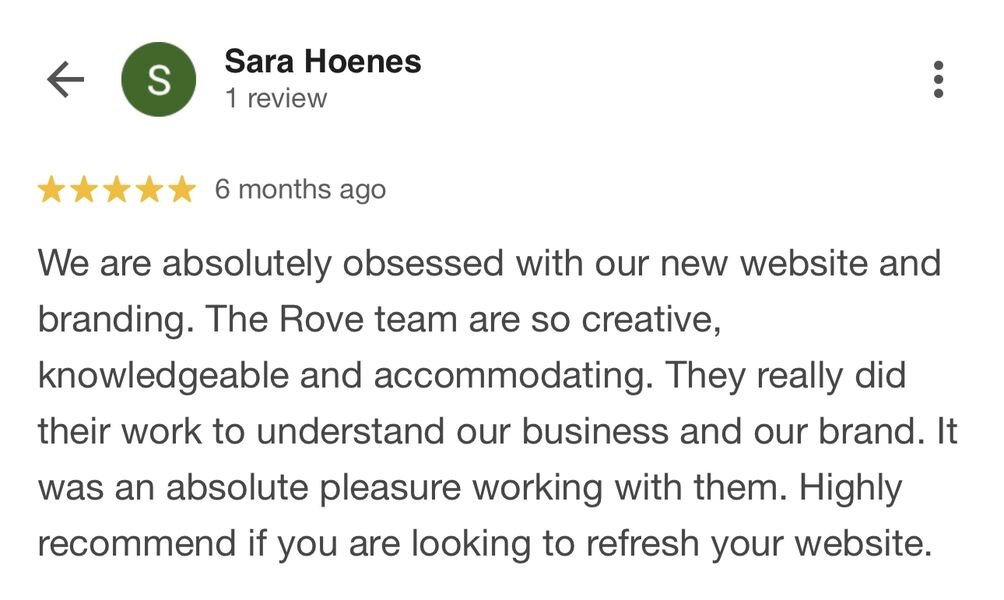 Five-star Google review from Sara Hoenes of Alchemy Collective: absolutely obsessed with the new website and branding from the Made by Rove team