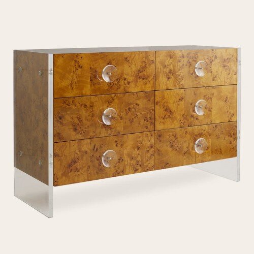 Six-drawer burl wood credenza with clear acrylic sides and round pulls