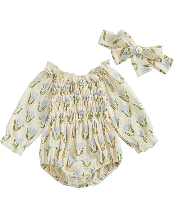 Tulip Print Bubble Romper + Bow — Baby Girls fall family photo outfit idea