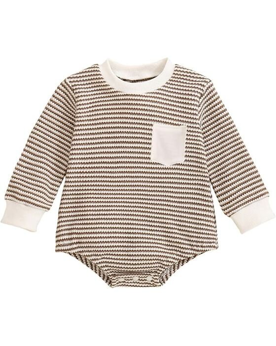 Brown Striped Knit Bubble Romper — Baby Boys fall family photo outfit idea