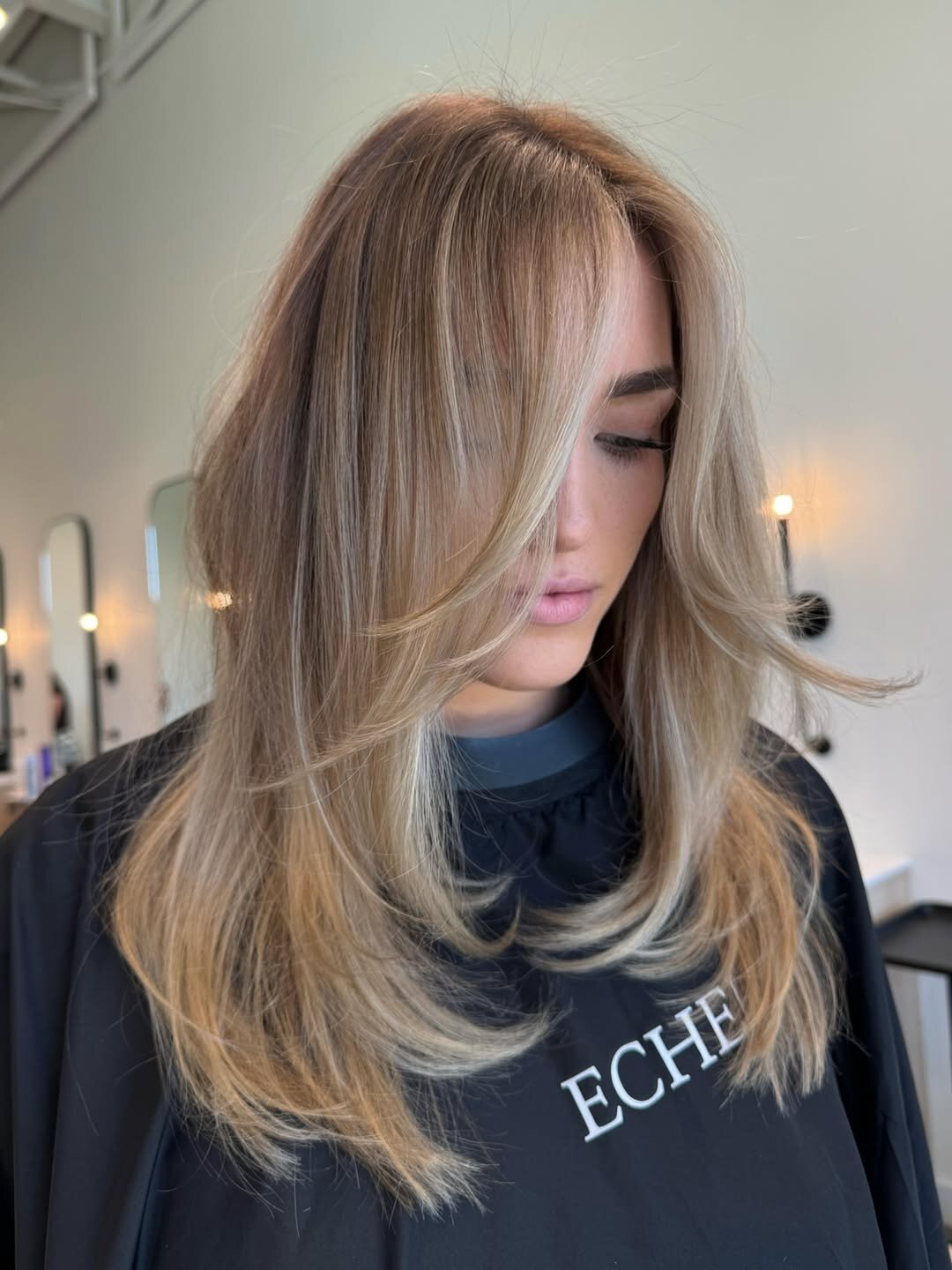 Balayage blonde transformation at Echelon Salon Eagle Idaho â before and after color result