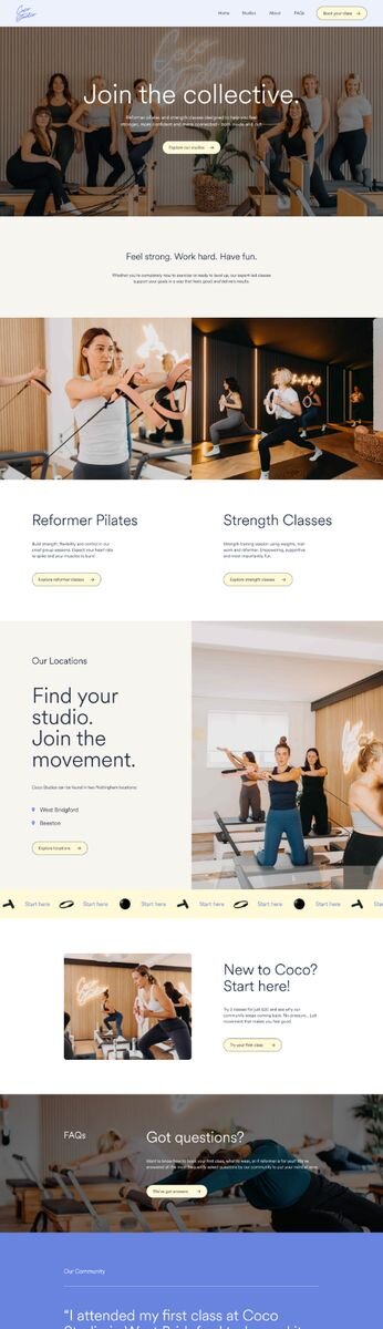 Fresh, playful website design by Rove for Coco Studios, a reformer pilates and strength studio in Nottingham