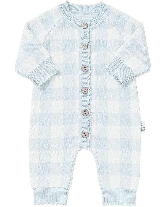 Blue Gingham Knit Romper — Baby Boys fall family photo outfit idea