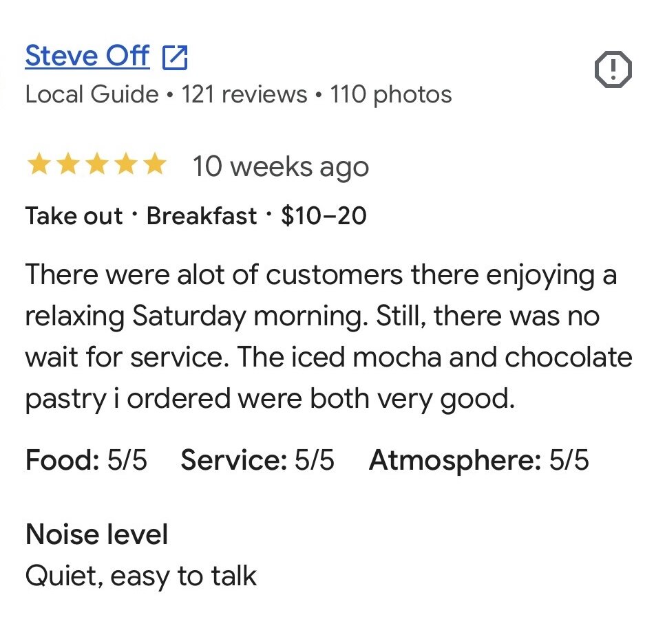 Five-star Google review of VIVRE cafe in Wichita praising the iced mocha, chocolate pastry and fast Saturday morning service