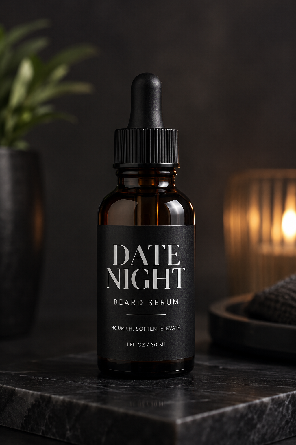 Date Night beard serum, amber glass dropper bottle on dark marble by candlelight