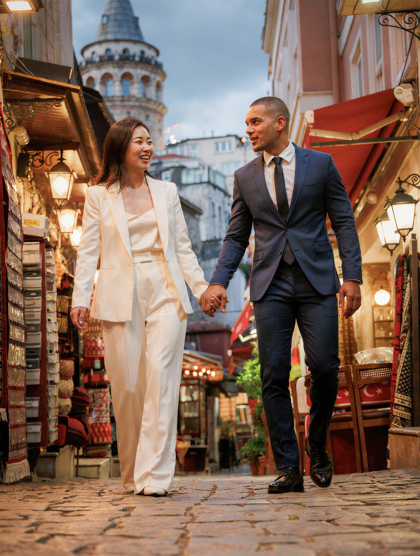 Bride and groom near Galata Tower in Istanbul Turkey destination wedding photography