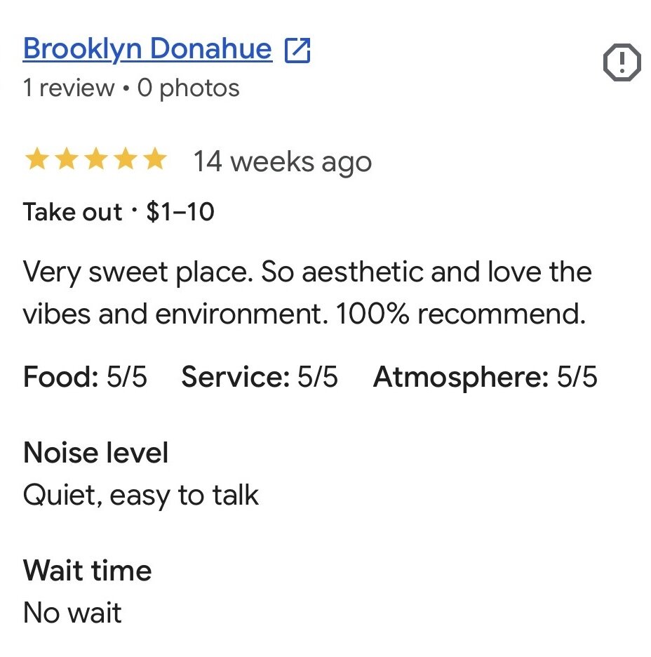 Five-star Google review calling VIVRE in Wichita a sweet, aesthetic coffee shop with great vibes and environment