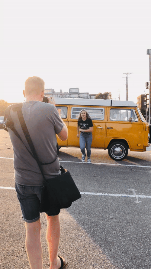 video of high school senior being photographed by Adam Hommerding Photography in front of Volkswagen bus